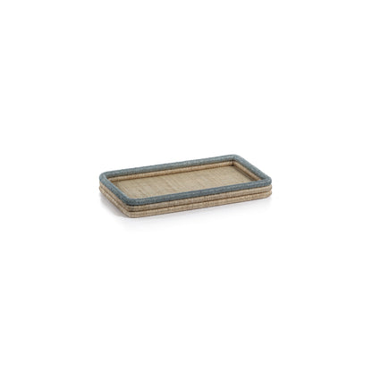 The Zodax La Côte Coiled Rectangular Tray Collection features sturdy abaca fiber trays with raised edges and blue-gray trim, shown here on a white background.