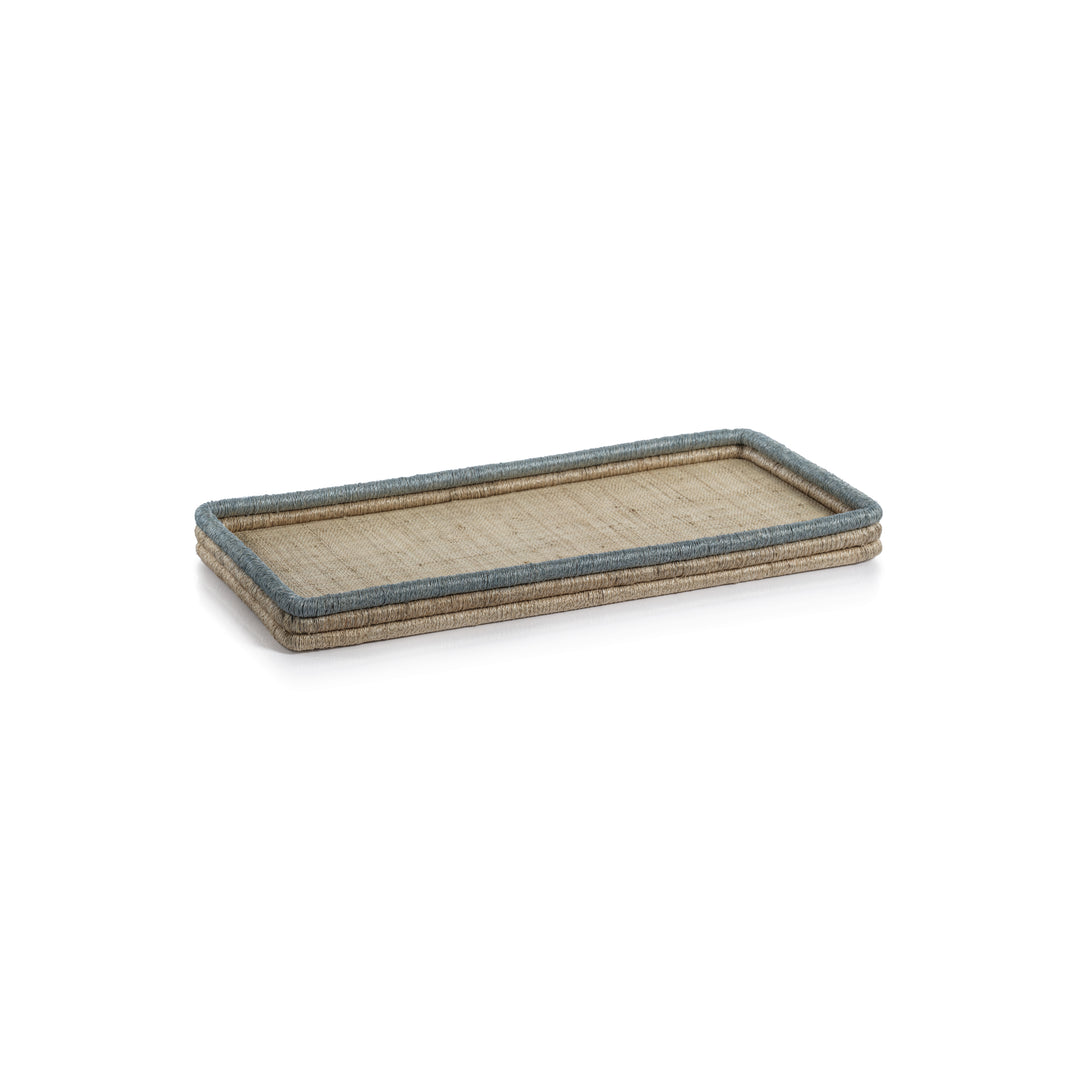 The Zodax La Côte Coiled Rectangular Tray Collection features flat wooden trays with raised edges and blue-gray trim, beautifully displayed against a white background.