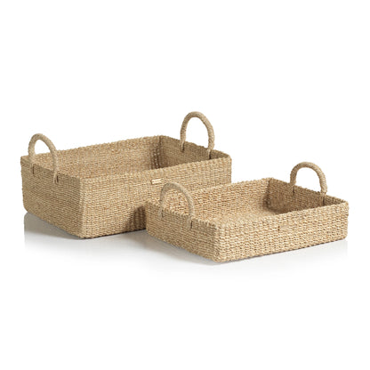 The Zodax Stephanie Abaca Rectangular Trays, in two sizes, are crafted from natural fibers and displayed side by side on a white background—ideal for stylish storage anywhere.
