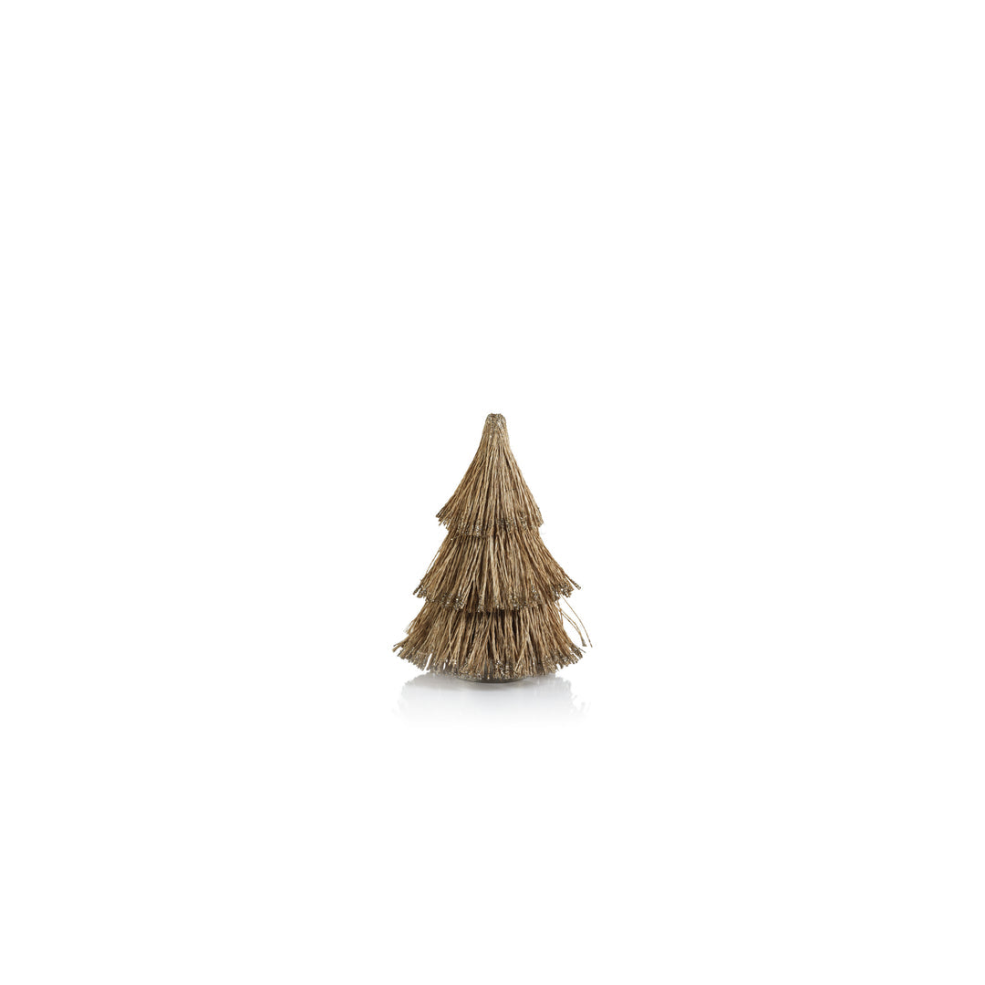 The Zodax Abaca Rope Tree Collection features a small fir-shaped tree crafted from golden abaca rope, ideal for Christmas holiday decor, shown against a plain white background.