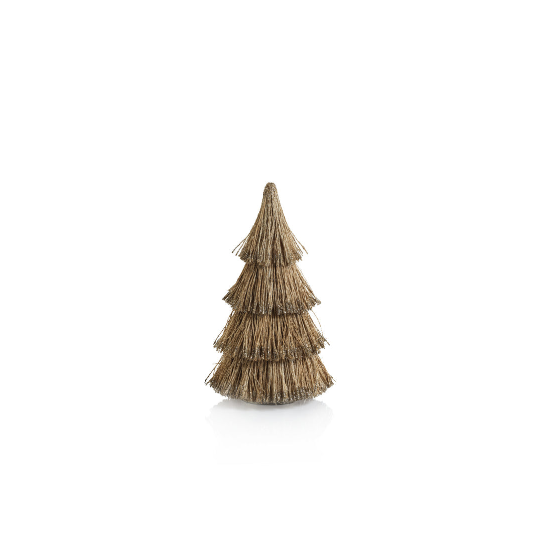The Zodax Abaca Rope Tree Collection features a small, gold-colored tree figurine with tiered layers, crafted from abaca rope—perfect for Christmas holiday decor. Set against a plain white background.