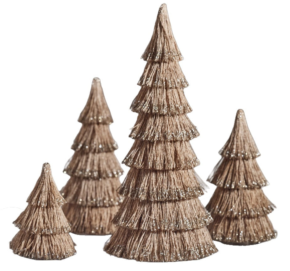 The Zodax Abaca Rope Tree Collection features four decorative light brown trees with glittered edges, arranged against a white background—perfect festive Christmas accents or holiday decor.