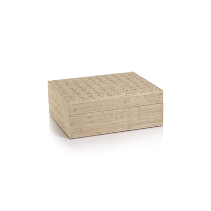 The La Bocca Woven Raffia Box Collection by Zodax features a rectangular beige jewelry box with a subtle woven texture, offering artisanal charm and elegant storage, reminiscent of classic design.