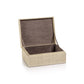The La Bocca Woven Raffia Box by Zodax features a rectangular beige weave, an open hinged lid, and brown interior lining—adding artisanal style and practical storage to any white surface.