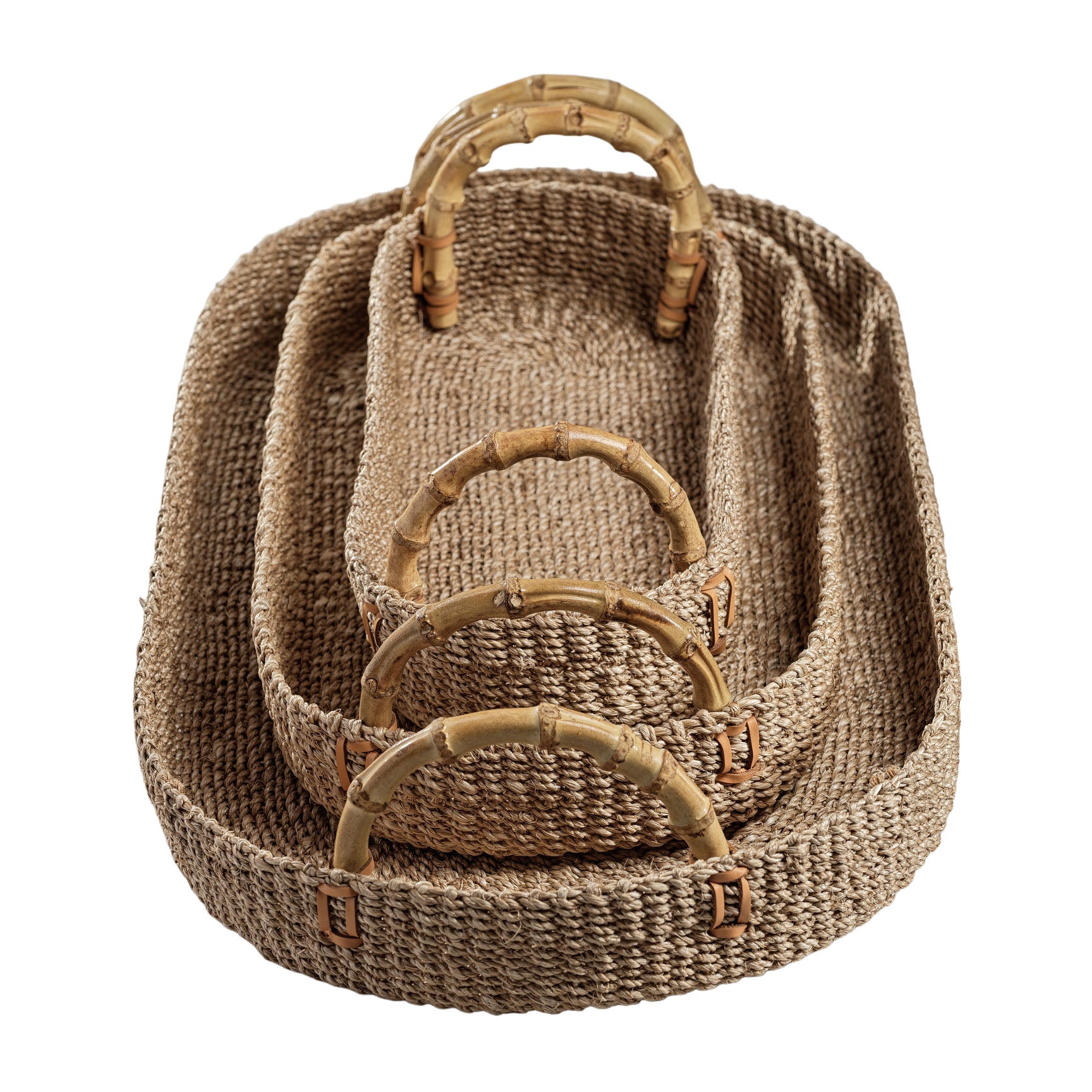 The Zodax Bamboo Handle Abaca Tray Collection features three oval, nested trays with bamboo-look handles, shown on a white background—offering both style and function for any setting.