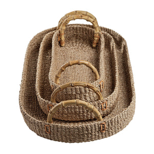 The Zodax Bamboo Handle Abaca Tray Collection features three oval, nested trays with bamboo-look handles, shown on a white background—offering both style and function for any setting.