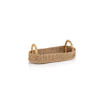 The Zodax Bamboo Handle Abaca Tray Collection features rectangular woven abaca trays with bamboo looped handles, crafted from natural fibers—perfect as serving trays. Shown on a white background.