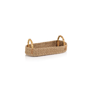The Zodax Bamboo Handle Abaca Tray Collection features rectangular woven abaca trays with bamboo looped handles, crafted from natural fibers—perfect as serving trays. Shown on a white background.