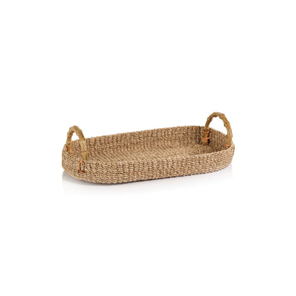 Zodax Bamboo Handle Abaca Tray Collection: Rectangular abaca tray with two rounded bamboo handles on each end, shown on a white background.