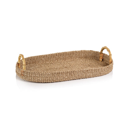The Zodax Bamboo Handle Abaca Tray Collection features rectangular trays with raised edges and two curved bamboo handles, ideal as stylish serving trays. Shown here on a white background.