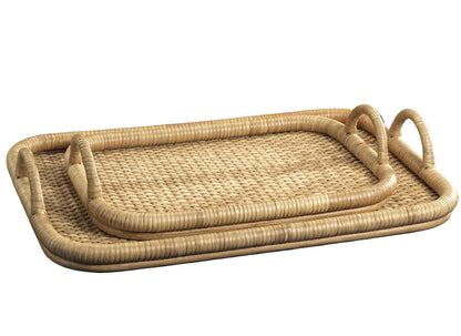 The Zodax Tropique Rectangular Rattan Tray Collection features two nesting trays with handles, displayed together on a white background.
