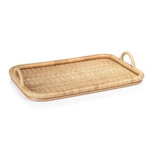 The Tropique Rectangular Rattan Tray Collection by Zodax features expertly woven trays with raised edges and dual handles, adding a stylish touch, displayed on a white background.