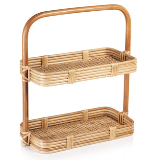 The Zodax Tropique Two-Tier Rattan Tray features a rectangular design with a woven base and curved handle—ideal for adding stylish storage to your tabletop or countertop.