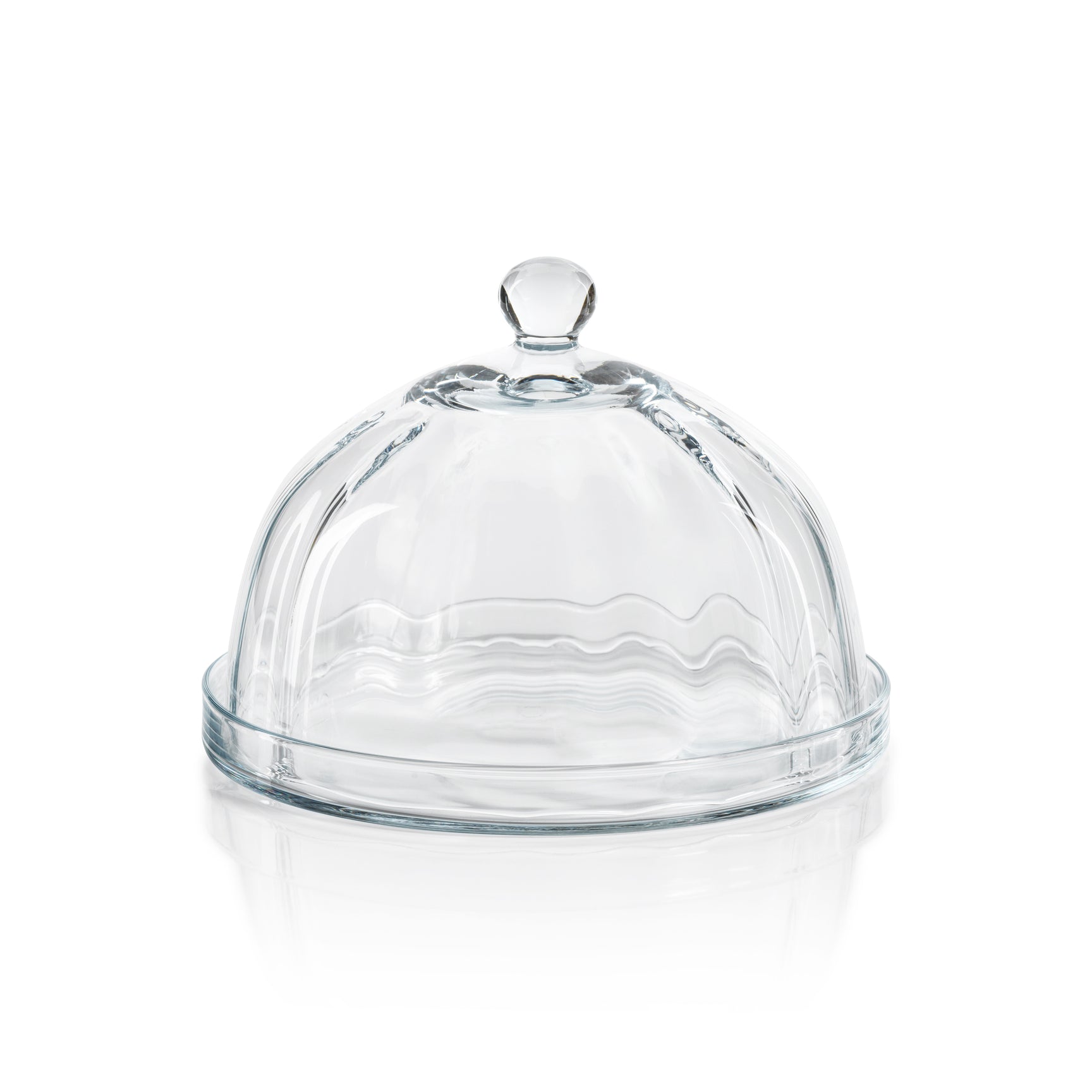 The Zodax Loulou Optic Pastry Glass Plate with Cloche features a clear dome with a round handle atop a matching plate, ideal for elegant pastry displays, shown against a white background.