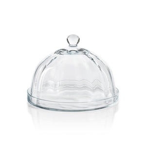 The Zodax Loulou Optic Pastry Glass Plate with Cloche features a clear dome with a round handle atop a matching plate, ideal for elegant pastry displays, shown against a white background.