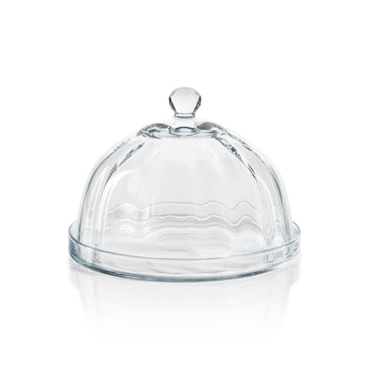The Zodax Loulou Optic Pastry Glass Plate with Cloche features a clear dome with a round handle atop a matching plate, ideal for elegant pastry displays, shown against a white background.