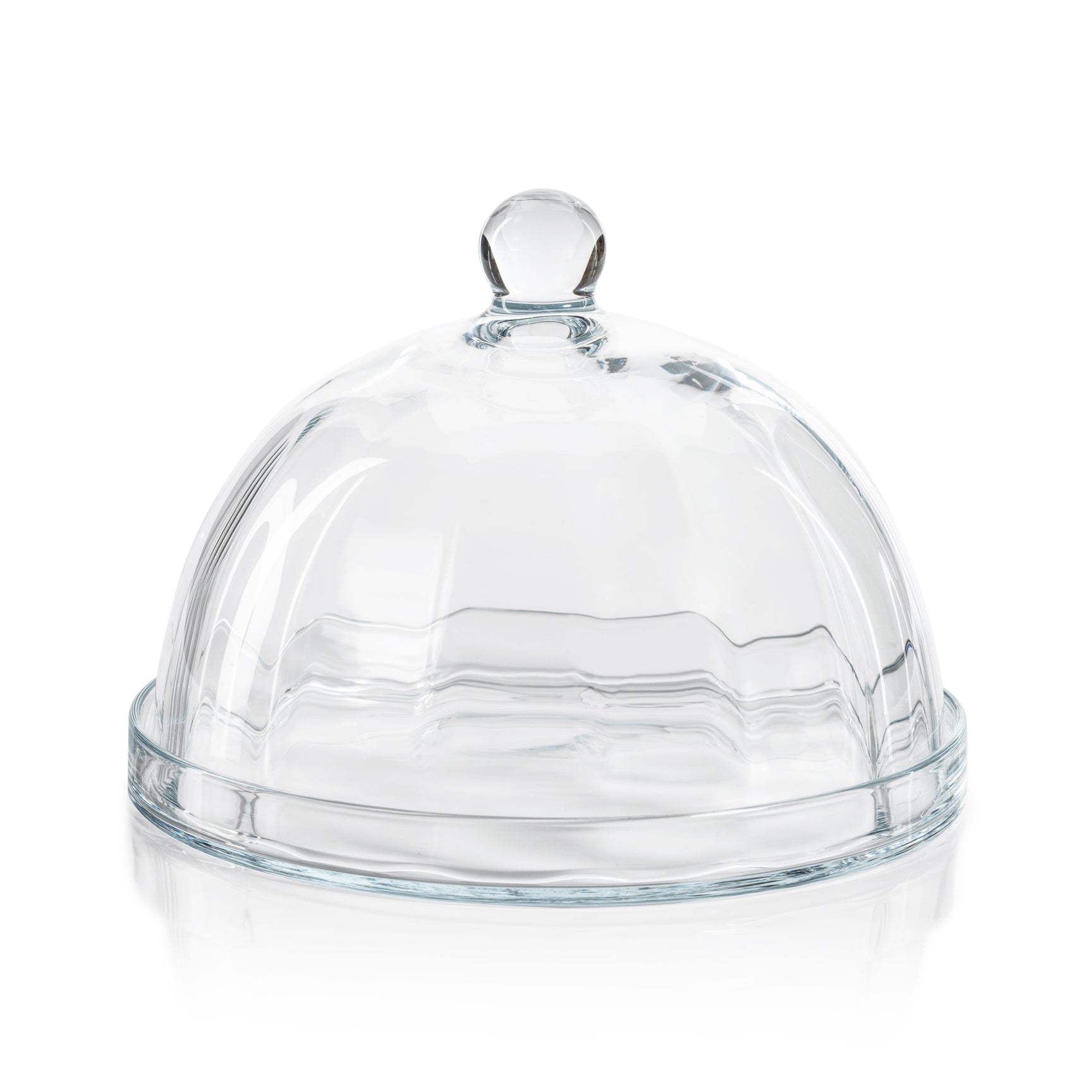 Showcase pastries elegantly with the Zodax Loulou Optic Pastry Glass Plate with Cloche—a clear glass dome featuring a round handle atop a flat plate, ideal for stylish presentation against a white background.