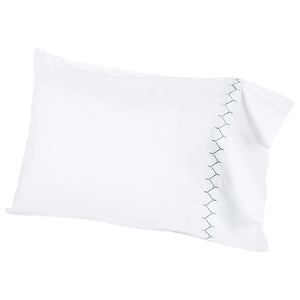 The John Robshaw Stitched Gray Sheet Set features organic cotton with a simple gray hand-embroidered zigzag along the edge, displayed on a plain white background.