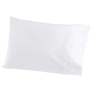 The Stitched White Sheet Set by John Robshaw includes lightweight percale white pillowcases with subtle hand embroidery on the right side, set against a crisp white background.