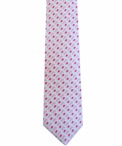 A Robert Jensen Seashell Tie, Purple and Light Blue featuring a repeating design of pink, red, and purple geometric shapes on a white background.