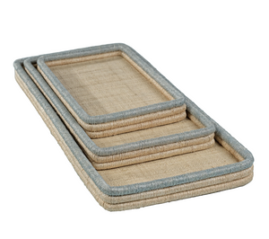 The Zodax La Côte Coiled Rectangular Tray Collection features three abaca fiber trays in assorted sizes, stacked together with light beige bases and light gray-edged rims.