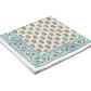 A folded cloth napkin from SLOANE BY HAND's Alwar Table Linen Collection, featuring a beige background with blue and green floral patterns and a matching border—ideal for pairing with hand block printed table linens or napkins.