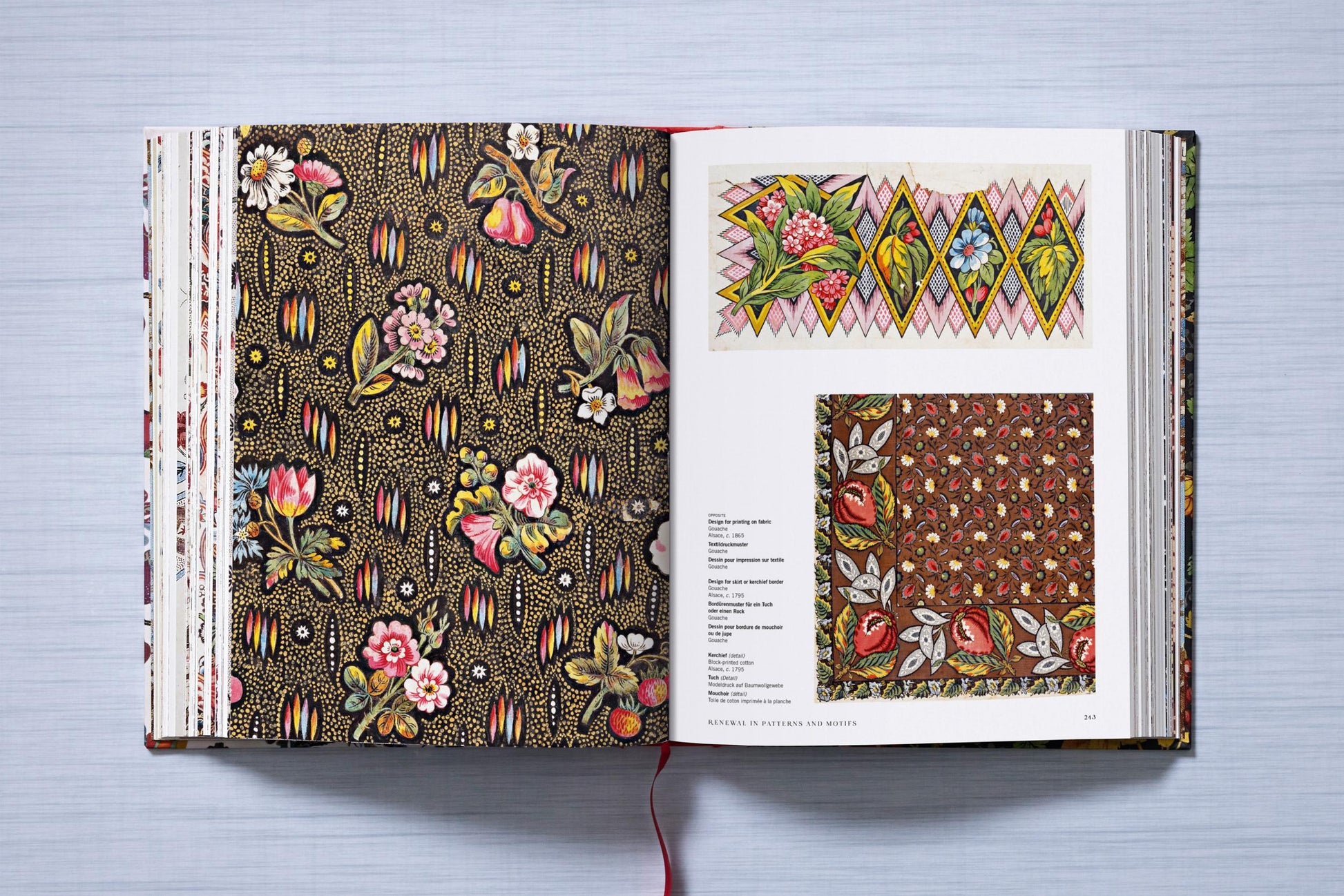 The Book of Printed Fabrics by Taschen features vibrant floral and geometric textile patterns with captions, highlighting the art of fabric printing as showcased at the Musée de l’Impression sur Étoffes.