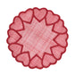 The Heart Placemat Collection by Juliska features a round red mesh abaca placemat with embroidered hearts spaced around the border.