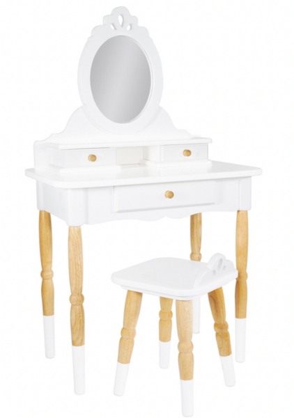 A wooden vanity table with a mirror and stool, perfect for creative role-play.