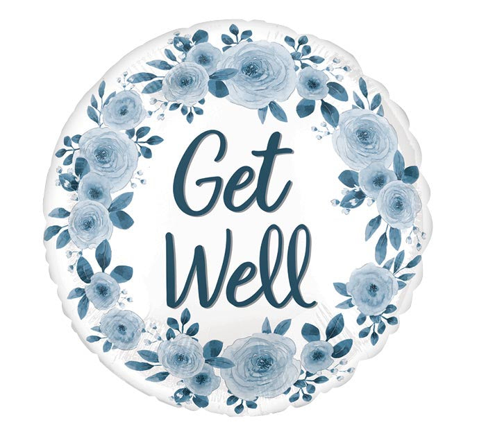 The Signature Balloon by Burton+Burton features a round design adorned with a floral wreath and the words "Get Well" in the center. The flowers and text come in varying shades of blue, perfectly complementing our exquisite floral arrangements available for local delivery.