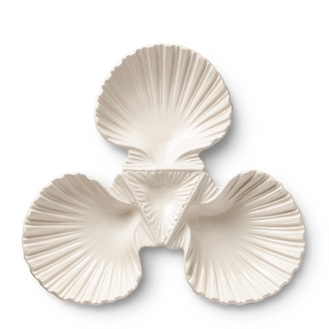 The Aerin Shell 3-Bowl Dish is a white ceramic serving platter with three shell-shaped compartments in a triangle, ideal for presenting seafood.