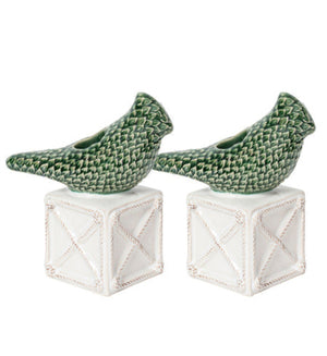 The Berry & Thread Bird Topiary Candlestick Set by Juliska features two green, hand-painted ceramic bird figurines on white, textured square bases, facing opposite directions against a plain white background.