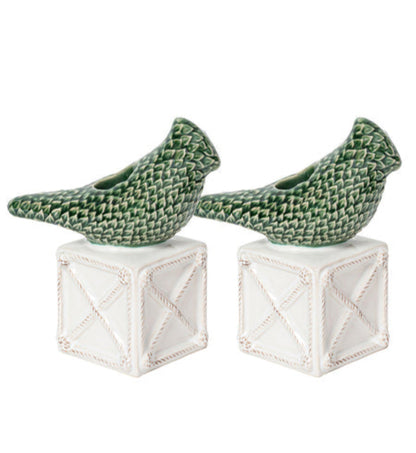 The Berry & Thread Bird Topiary Candlestick Set by Juliska features two green, hand-painted ceramic bird figurines on white, textured square bases, facing opposite directions against a plain white background.