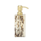 Rectangular Bisbee Bath Collection soap dispenser in a cream and dark brown birdseye burl veneer pattern with a gold-tone pump.