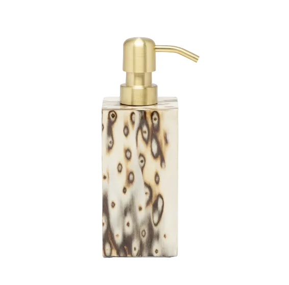 Rectangular Bisbee Bath Collection soap dispenser in a cream and dark brown birdseye burl veneer pattern with a gold-tone pump.