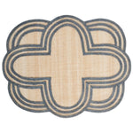 The Juliska Scallop Stripe Placemat Collection features a beige woven center with a layered geometric border in dark blue and beige, perfect for enhancing your table settings.