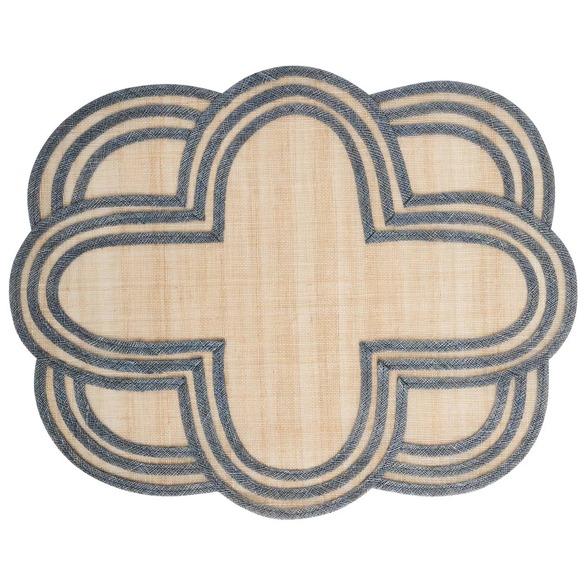 The Juliska Scallop Stripe Placemat Collection features a beige woven center with a layered geometric border in dark blue and beige, perfect for enhancing your table settings.