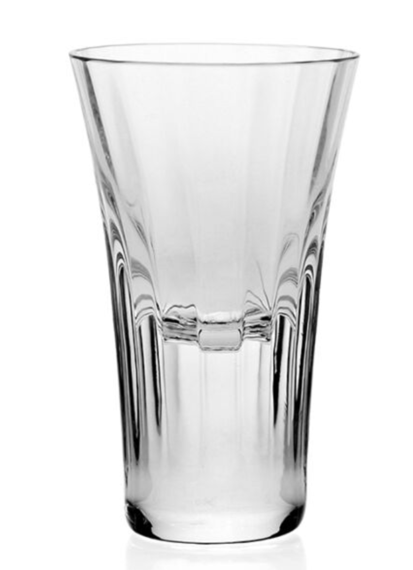 The Corinne Collection tumbler by William Yeoward Crystal is a clear glass with a slightly flared rim and elegant vertical optic grooves, shown empty against a white background.