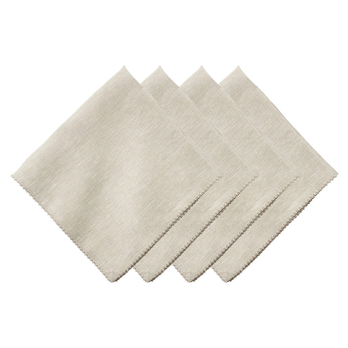 Four beige linen napkins from the Juliska Berry Scallop Napkin & Tablecloth Collection are neatly arranged in a fanned-out pattern on a white background, adding an elegant touch to any table setting.