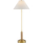 The Currey and Company Ippolito Brass Console Lamp features a round base, slender stem, white conical shade, and an elegant antique brass finish.