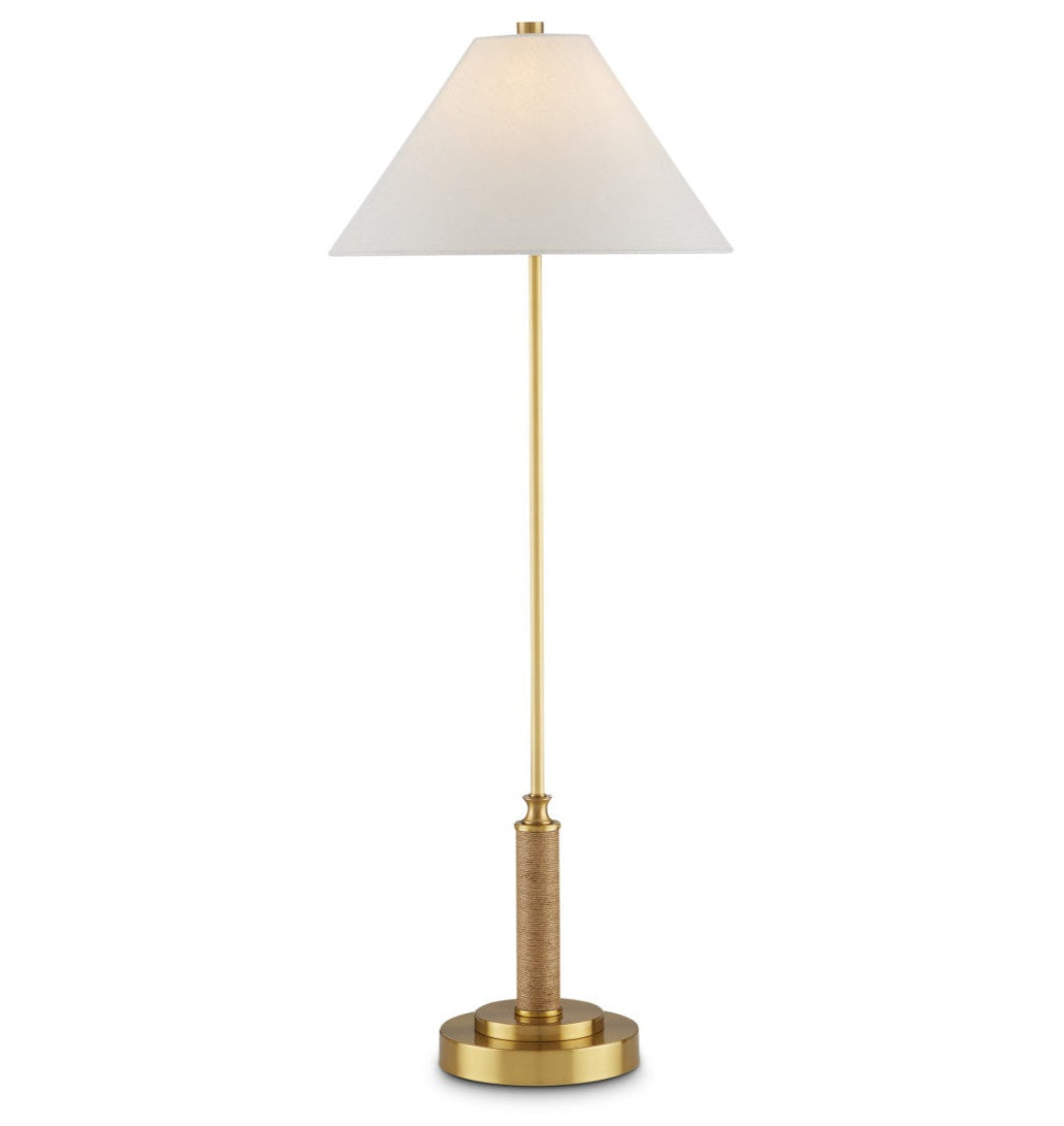 The Currey and Company Ippolito Brass Console Lamp features a round base, slender stem, white conical shade, and an elegant antique brass finish.