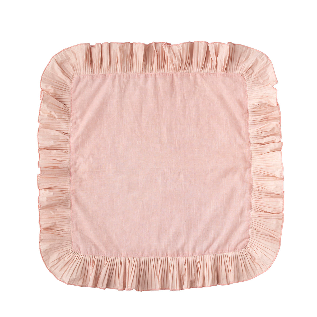 The Juliska Mademoiselle Napkin Set, inspired by classic napkins, features square pink napkins with a wide knife-pleat ruffle border, elegantly displayed on a white background.