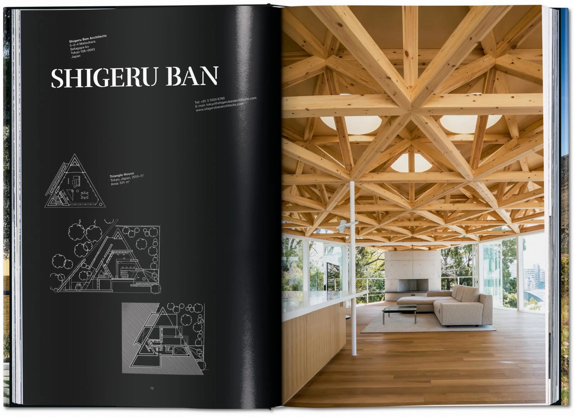 Open book from Taschen's "Homes For Our Time" displays architectural drawings and a photo of a modern house with an open-space living area and geometric wooden ceiling, designed by Shigeru Ban.