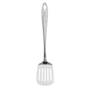 The Cuisinart Stainless Steel Slotted Turner features a long handle and a hanging hole—an essential utensil for flipping burgers or other foods.
