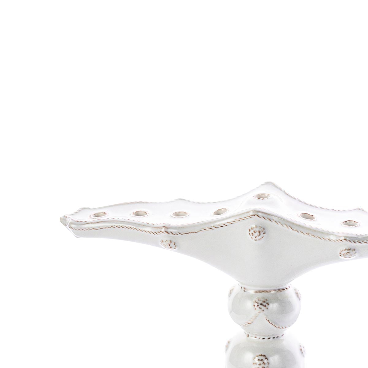 The Juliska Berry & Thread Classic Whitewash Menorah features a wavy, scalloped edge and embossed dot pattern, inspired by the Berry & Thread collection, and is displayed against a plain white background.