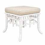 The Hickory Chair Faux Bamboo Bench features a white wooden frame with spindle legs and a square, beige-and-white checkered cushioned seat, photographed on a plain white background.