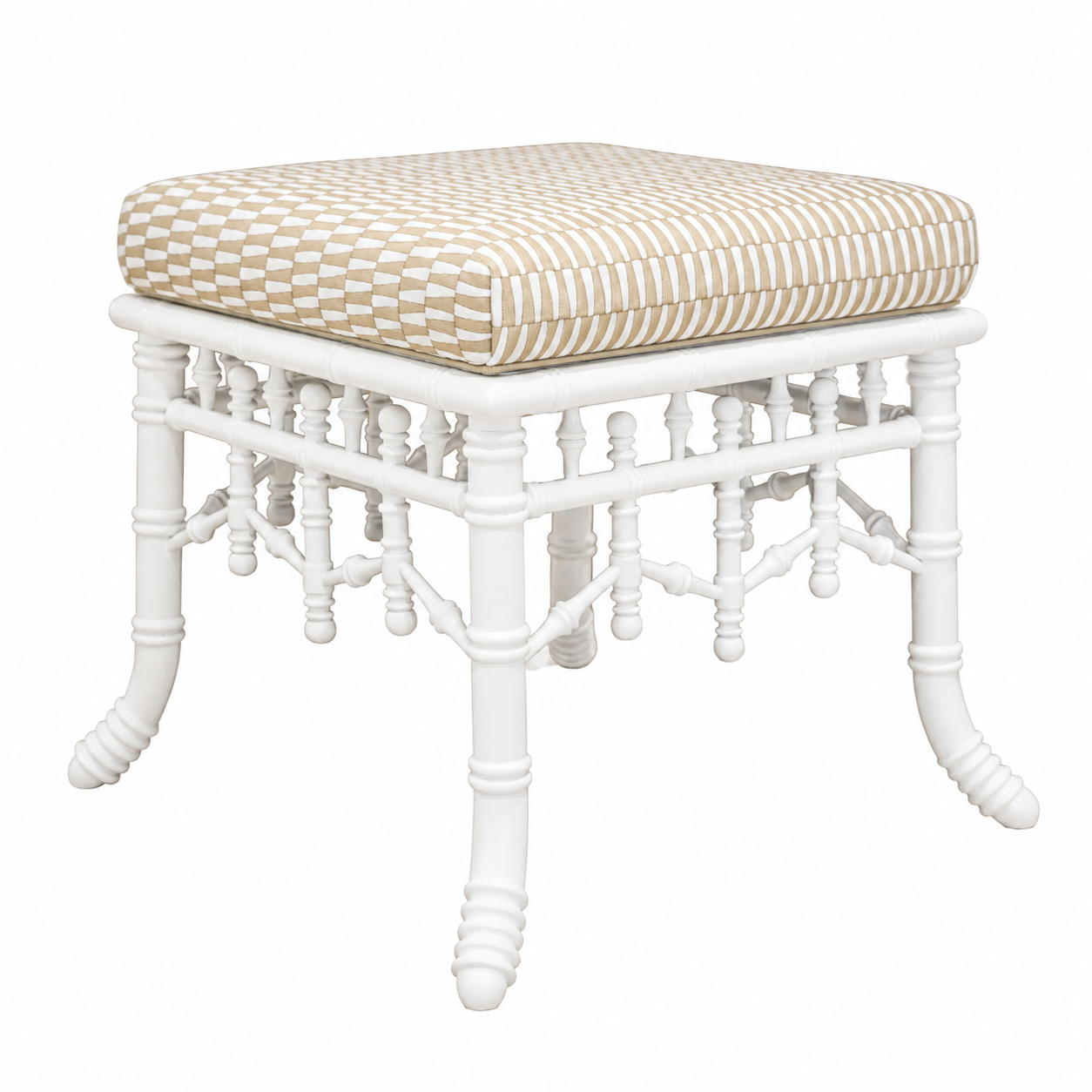 The Hickory Chair Faux Bamboo Bench features a white wooden frame with spindle legs and a square, beige-and-white checkered cushioned seat, photographed on a plain white background.