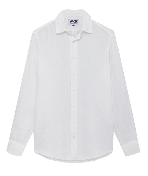 Love Brand blue linen dress shirt with a small blue logo on the chest, displayed against a plain background.