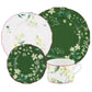 The Ginori 1735 Florenza Impero Dinnerware Collection is a four-piece set with a cup and three plates, showcasing floral patterns in yellow on green and white backgrounds, finished with pink rims.