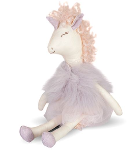 Great Pretenders Evie the Unicorn stuffed animal, dressed in a purple dress, is perfect for snuggling.